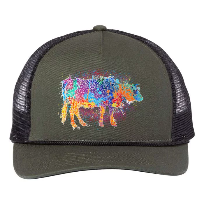 Colorful Pattern Cow Splatter Retro Rope Trucker Hat Cap