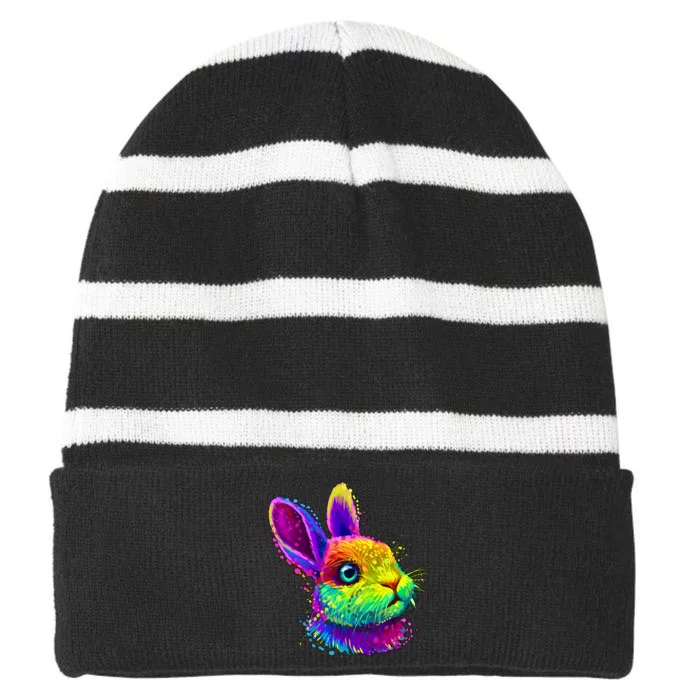 Colorful Rabbit Bunny Art Striped Beanie with Solid Band