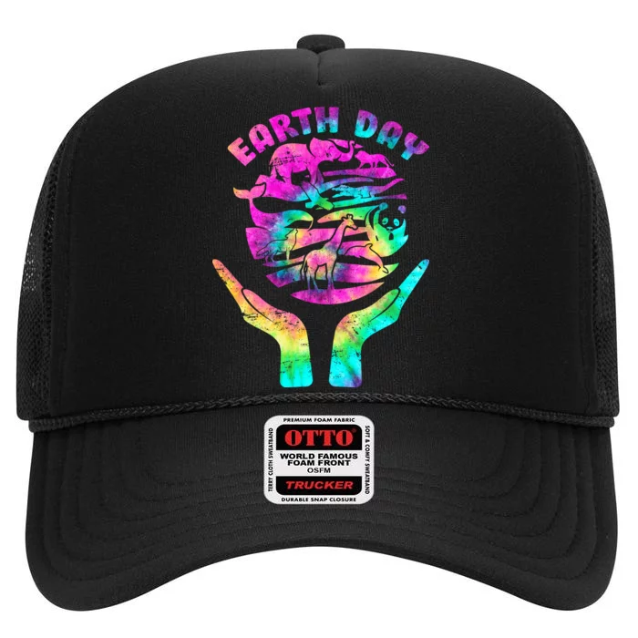 Colorful Retro Earth Day Animals High Crown Mesh Trucker Hat