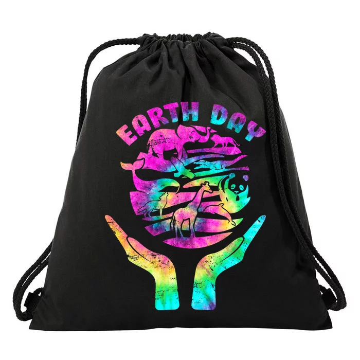 Colorful Retro Earth Day Animals Drawstring Bag