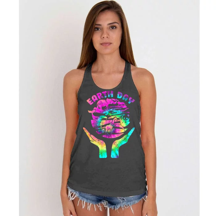 Colorful Retro Earth Day Animals Women's Knotted Racerback Tank