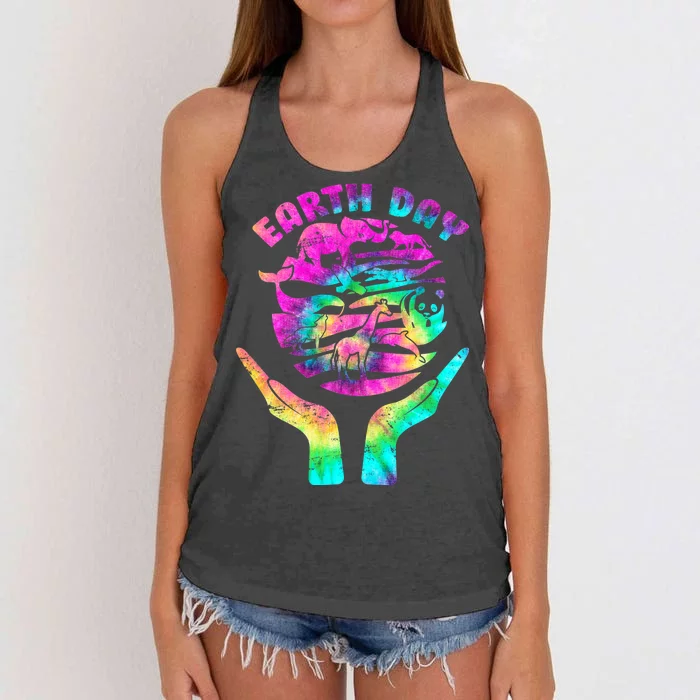 Colorful Retro Earth Day Animals Women's Knotted Racerback Tank