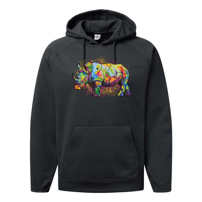 Colorful Rhino Art Splatter Performance Fleece Hoodie