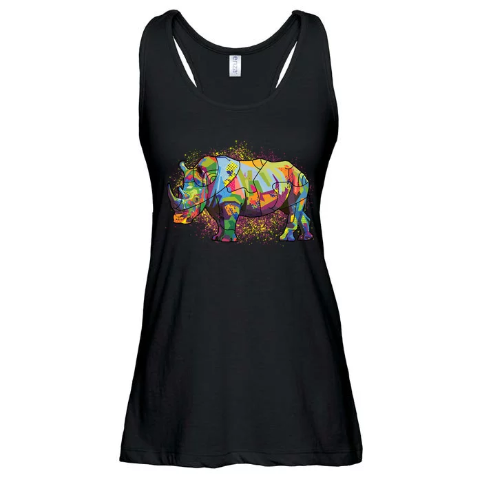 Colorful Rhino Art Splatter Ladies Essential Flowy Tank