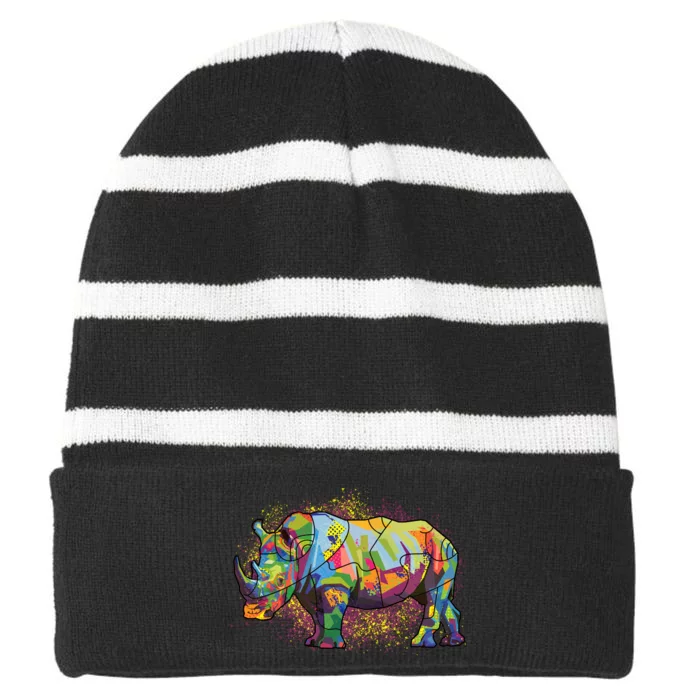 Colorful Rhino Art Splatter Striped Beanie with Solid Band