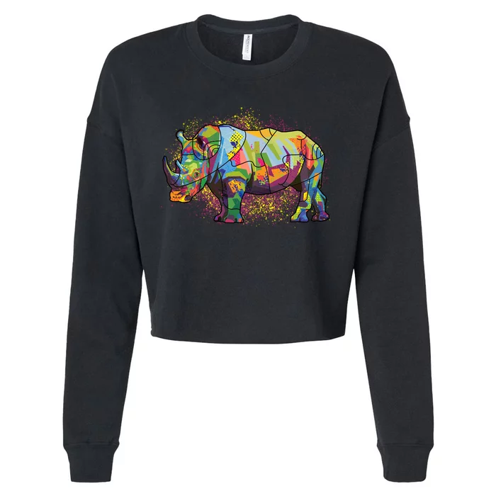 Colorful Rhino Art Splatter Cropped Pullover Crew