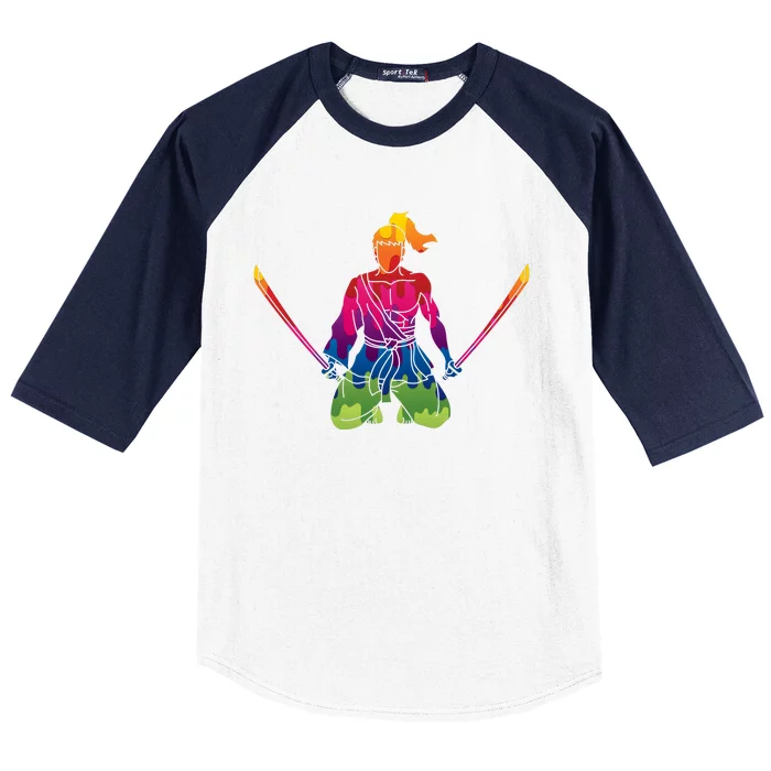 Colorful Samurai Katanas Swords Warrior Baseball Sleeve Shirt