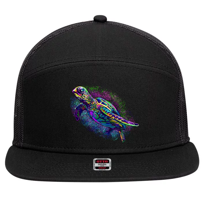 Colorful Sea Turtle Art Pattern 7 Panel Mesh Trucker Snapback Hat