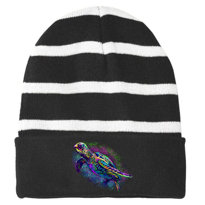 Colorful Sea Turtle Art Pattern Striped Beanie with Solid Band