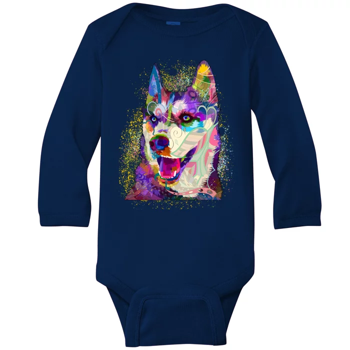 Colorful Siberian Husky Baby Long Sleeve Bodysuit