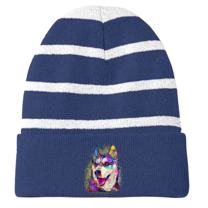 Colorful Siberian Husky Striped Beanie with Solid Band