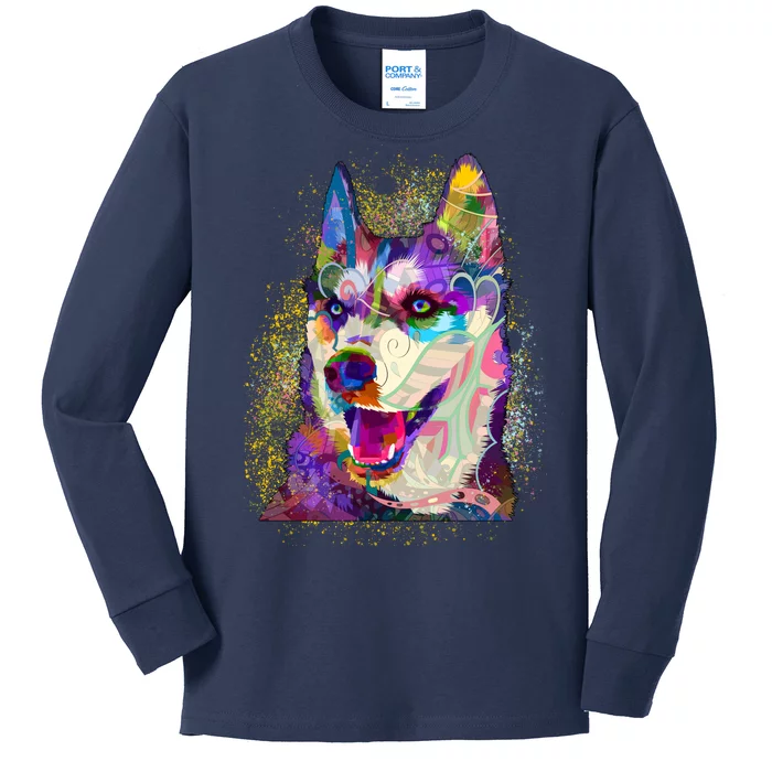 Colorful Siberian Husky Kids Long Sleeve Shirt