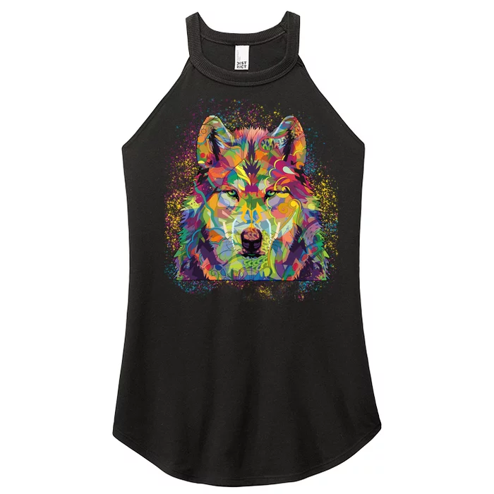 Colorful Wild Wolf Art Pattern Women’s Perfect Tri Rocker Tank