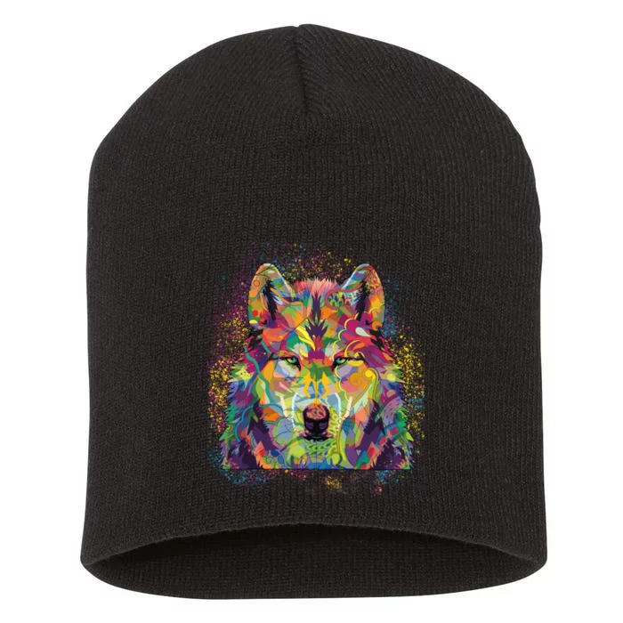 Colorful Wild Wolf Art Pattern Short Acrylic Beanie