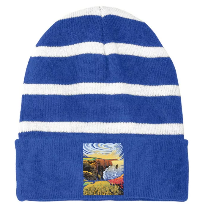 Cliffs Of Moher Landscape Nature Striped Beanie with Solid Band