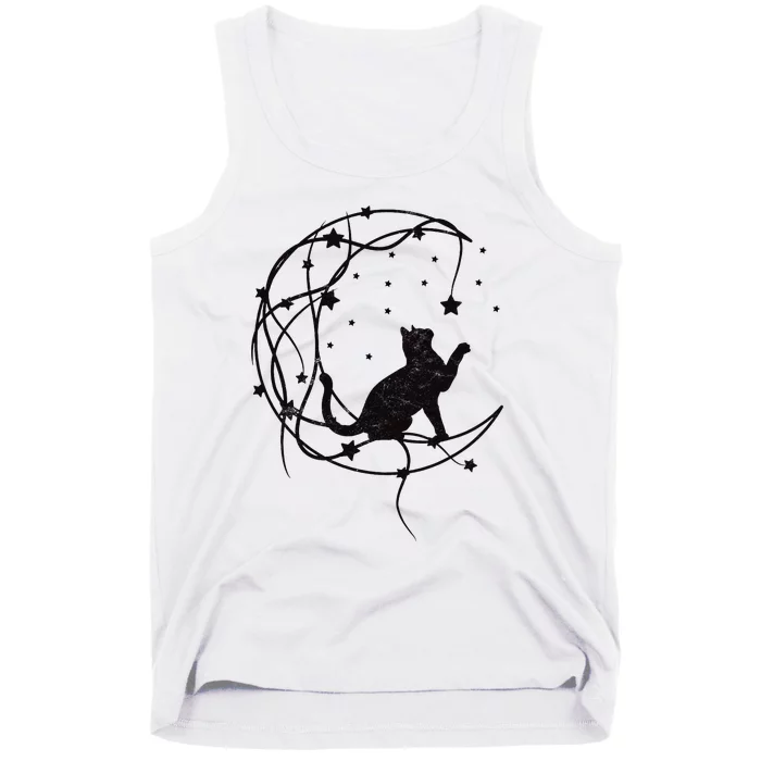 Cat On Moon With Stars Vintage Retro Tank Top