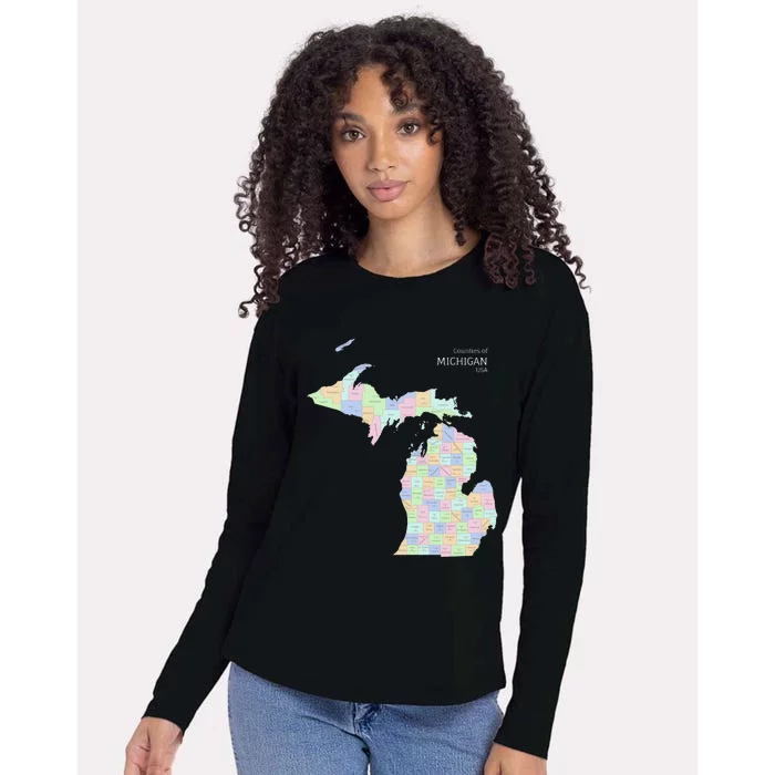 Counties Of Michigan Illustration Map Womens Cotton Relaxed Long Sleeve T-Shirt