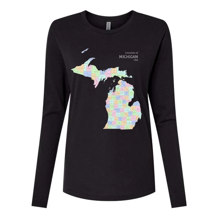 Counties Of Michigan Illustration Map Womens Cotton Relaxed Long Sleeve T-Shirt