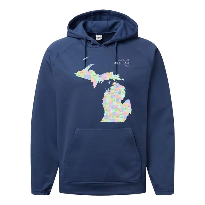 Counties Of Michigan Illustration Map Performance Fleece Hoodie