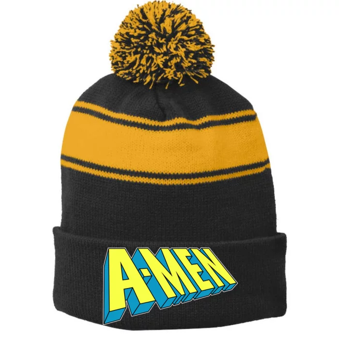 Comic Superhero Styled A-MEN Stripe Pom Pom Beanie