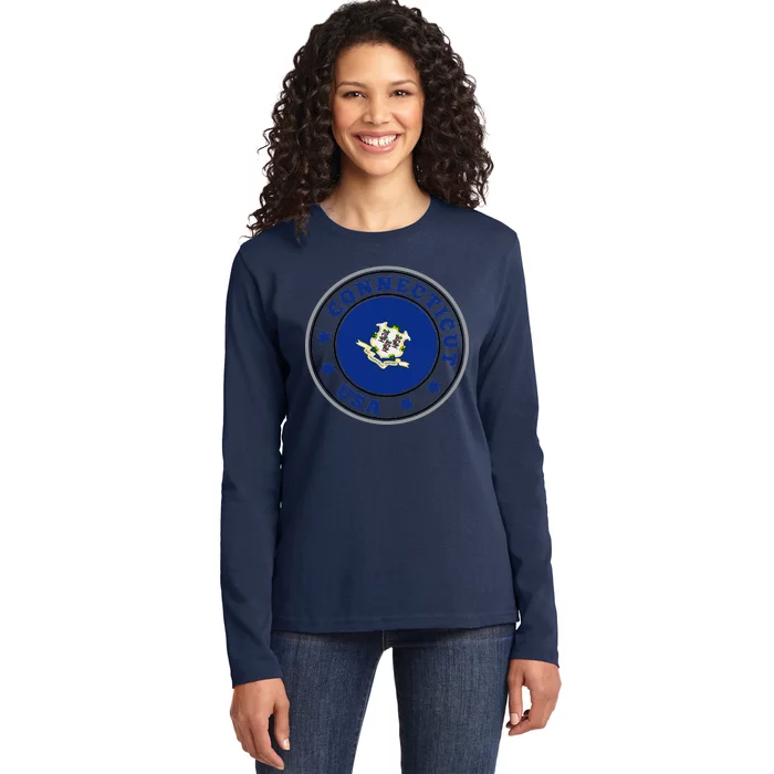 Connecticut State Flag Circle Ladies Long Sleeve Shirt