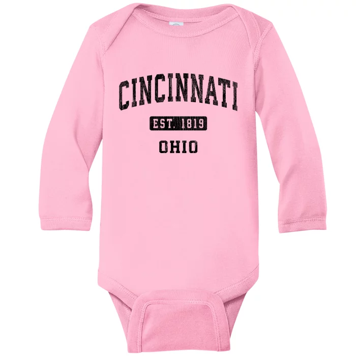 Cincinnati Ohio Oh Vintage Established Athletic Sports Design Baby Long Sleeve Bodysuit