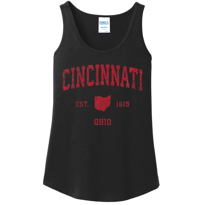 Cincinnati Ohio Oh Vintage Sports Design Red Print Ladies Essential Tank