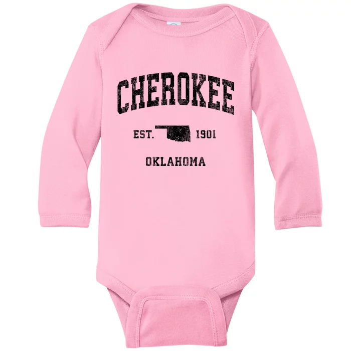 Cherokee Oklahoma Ok Vintage Athletic Sports Design Established Baby Long Sleeve Bodysuit