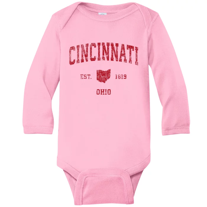 Cincinnati Ohio Oh Vintage Sports Design Red Print Baby Long Sleeve Bodysuit