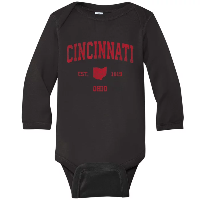 Cincinnati Ohio OH Vintage Sports Design Red Print Baby Long Sleeve Bodysuit