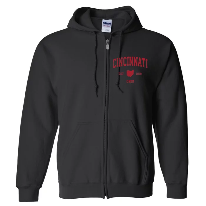 Cincinnati Ohio OH Vintage Sports Design Red Print Full Zip Hoodie