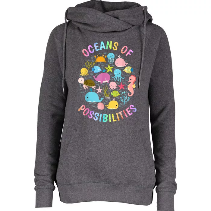 Cute Oceans Of Possibilities Summer Reading Sea Creatures Womens Funnel Neck Pullover Hood