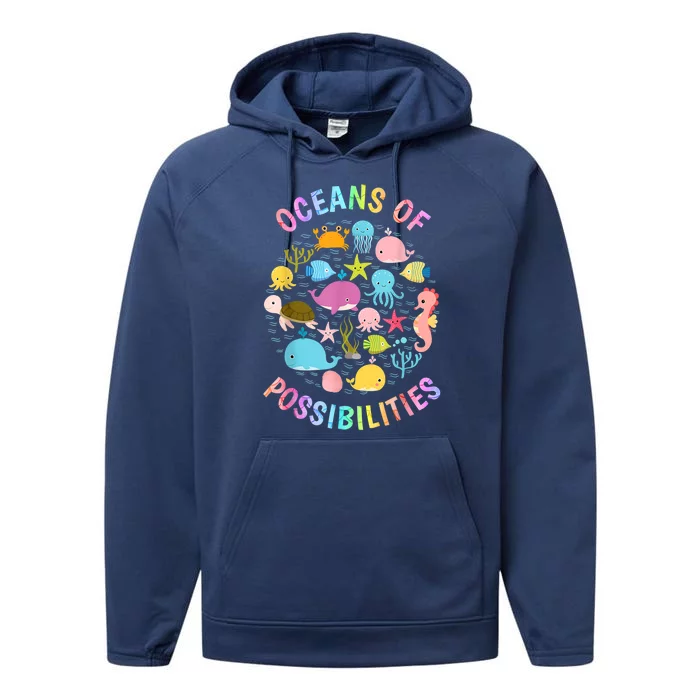 Cute Oceans Of Possibilities Summer Reading Sea Creatures Performance Fleece Hoodie