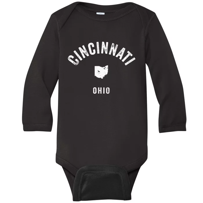 Cincinnati Ohio Oh Vintage 70s Athletic Sports Design Baby Long Sleeve Bodysuit