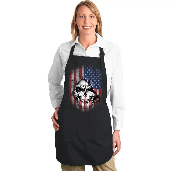 Cool American Flag Skull Graphic Full-Length Apron With Pocket