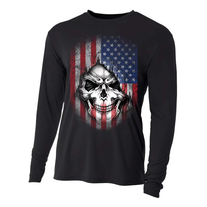 Cool American Flag Skull Graphic Cooling Performance Long Sleeve Crew