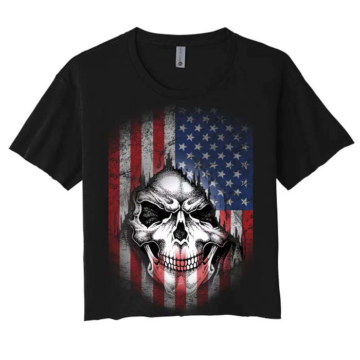 Cool American Flag Skull Graphic Women's Crop Top Tee