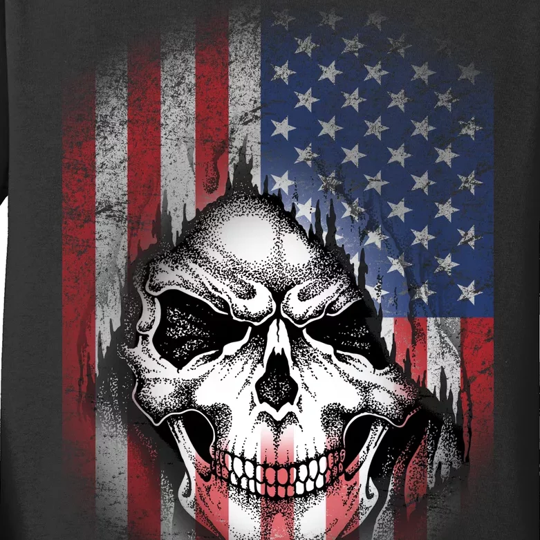 Cool American Flag Skull Graphic Kids Long Sleeve Shirt