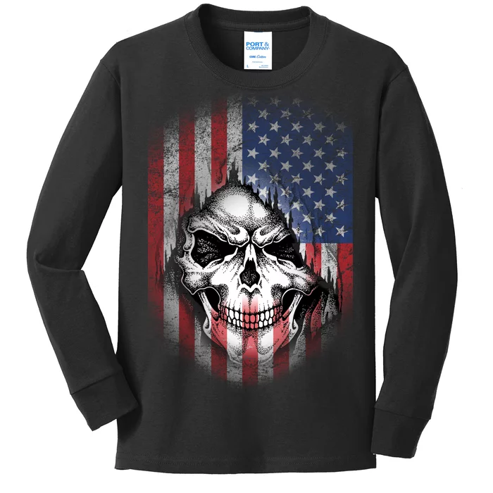 Cool American Flag Skull Graphic Kids Long Sleeve Shirt