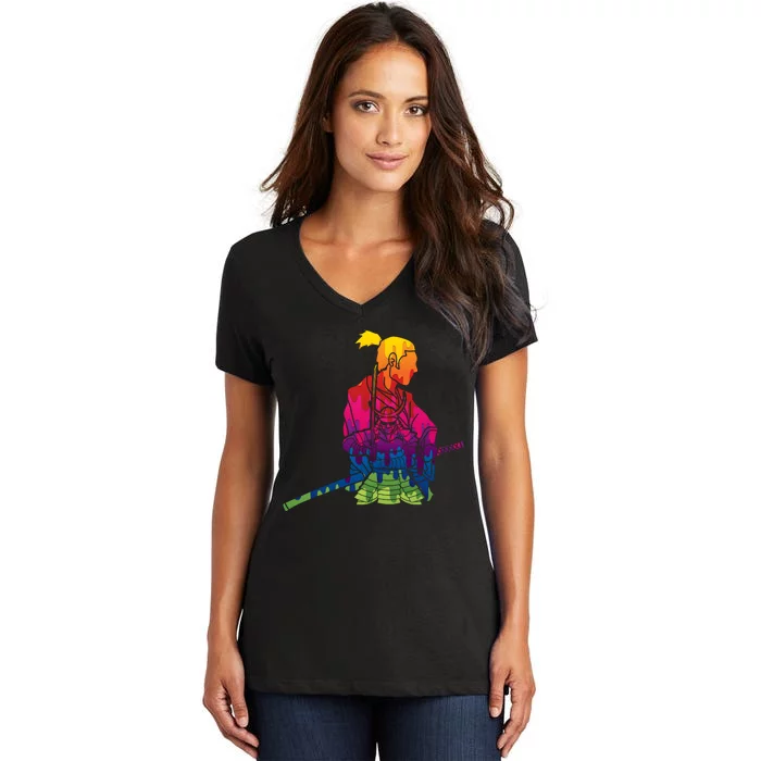 Cool Colorful Samurai Katana Women's V-Neck T-Shirt