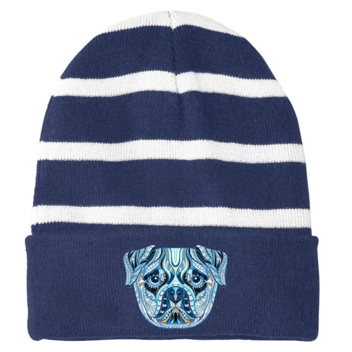 Cool Ethnic Trippy Pug Dog Face Striped Beanie with Solid Band