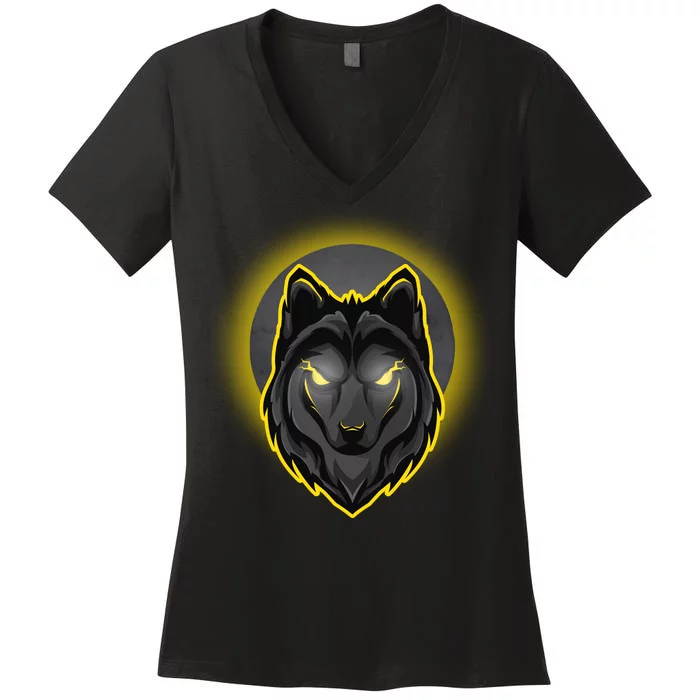 Cool Ghost Wolf Glowing Moon Women's V-Neck T-Shirt