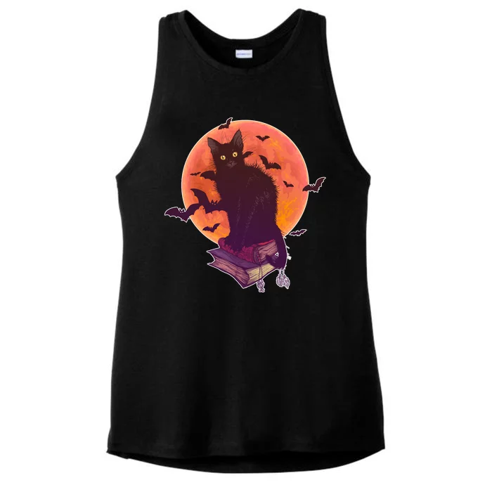 Cool Halloween Black Cat Moon Ladies Tri-Blend Wicking Tank