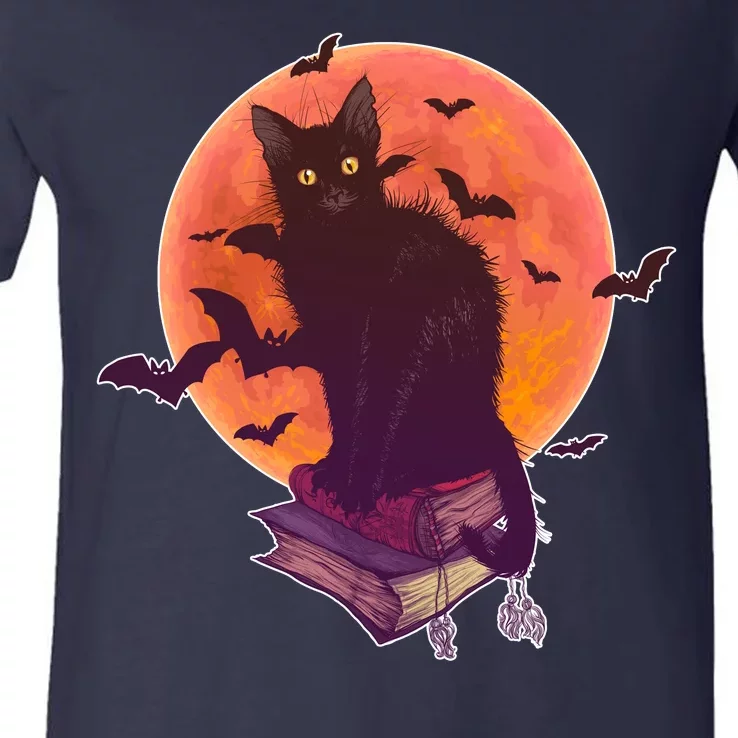 Cool Halloween Black Cat Moon V-Neck T-Shirt