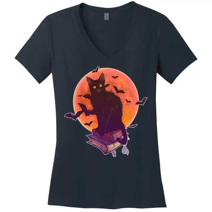 Cool Halloween Black Cat Moon Women's V-Neck T-Shirt