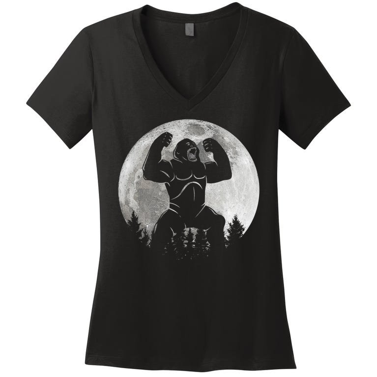 Cool King Kong Monster Full Moon Women's V-Neck T-Shirt
