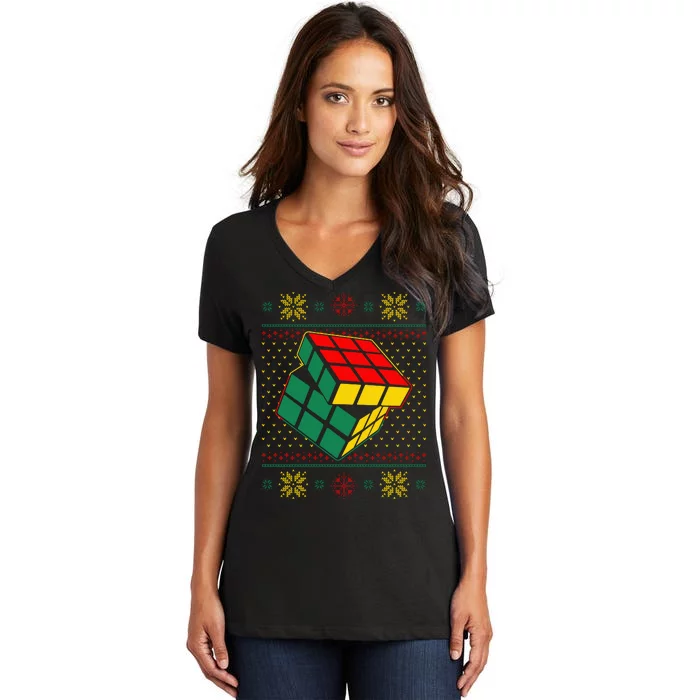 Cool Retro Classic Cube Ugly Christmas Sweater Women's V-Neck T-Shirt