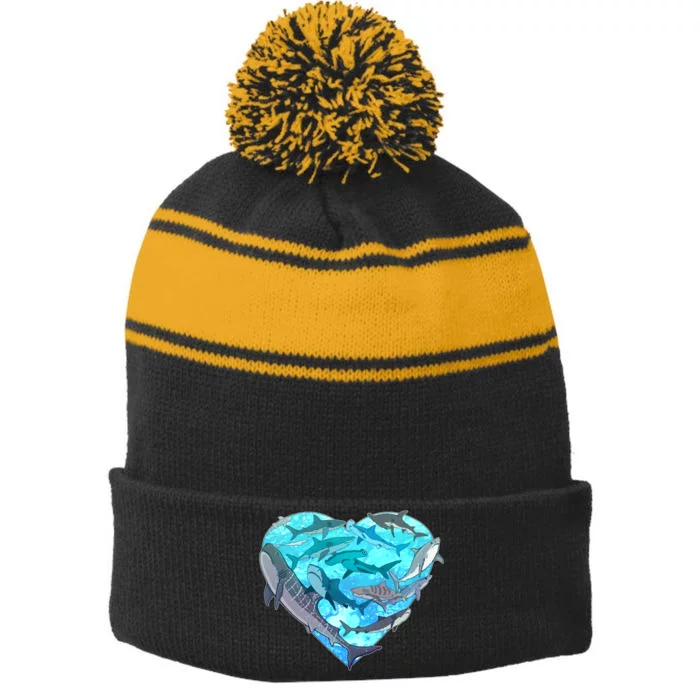 Cool Shark Love Heart Stripe Pom Pom Beanie