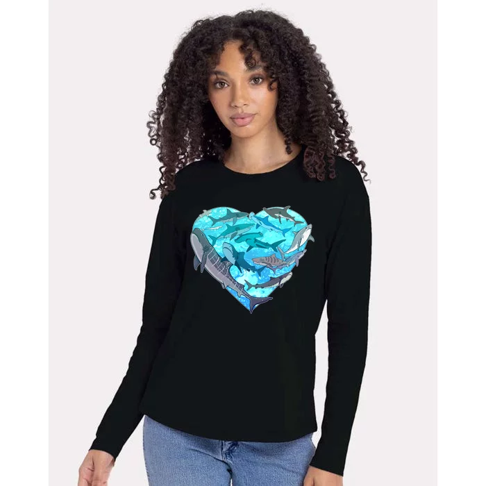 Cool Shark Love Heart Womens Cotton Relaxed Long Sleeve T-Shirt