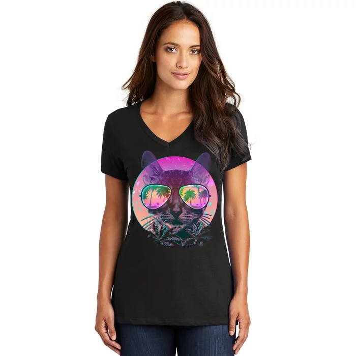 Cool Tropical Shade Cat Women's V-Neck T-Shirt